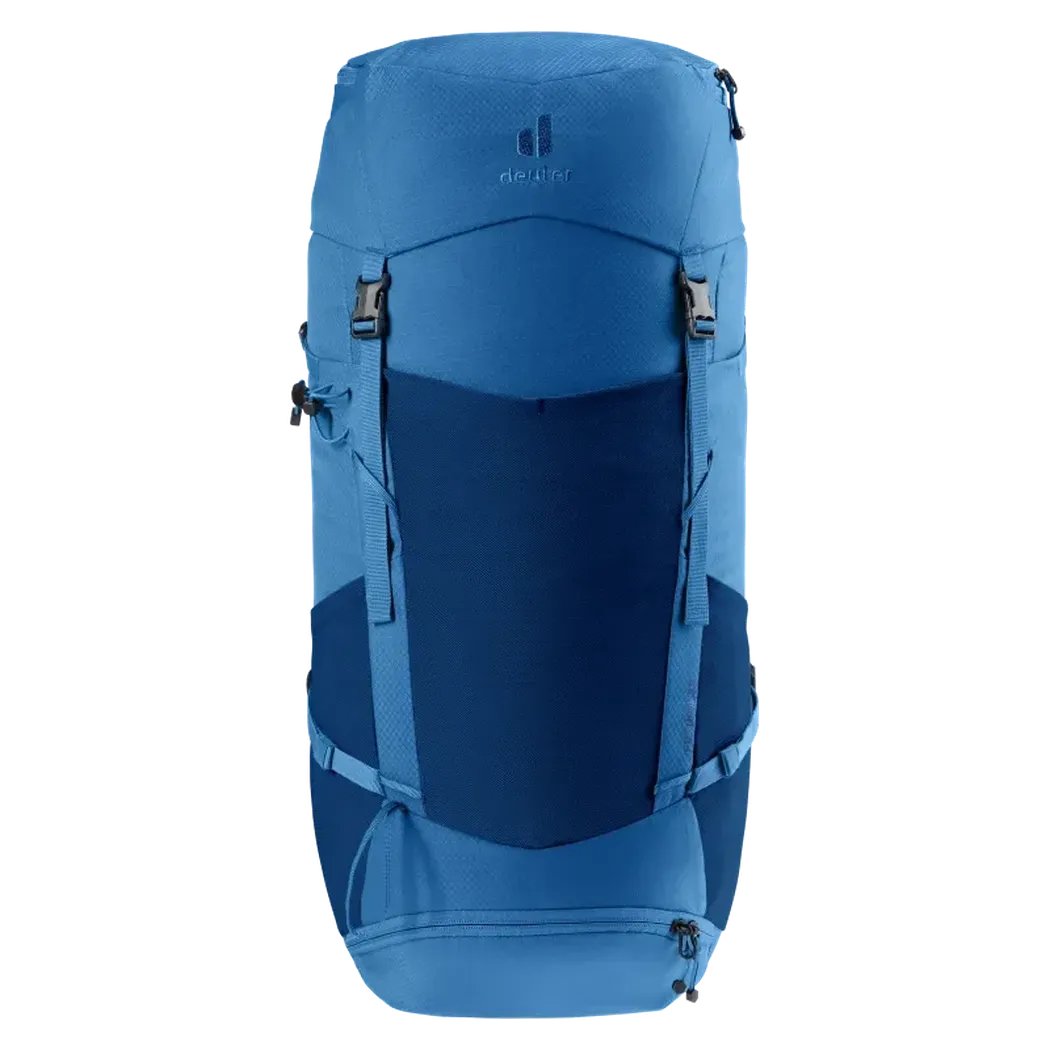 Back view of the Deuter Futura 32 backpack in Nightblue Baltic with a dark blue panel and straps against a white background.