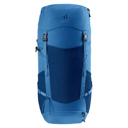 Back view of the Deuter Futura 32 backpack in Nightblue Baltic with a dark blue panel and straps against a white background.