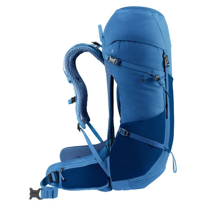Side view of the Deuter Futura 32 backpack in Nightblue Baltic showing the padded shoulder straps and white background.