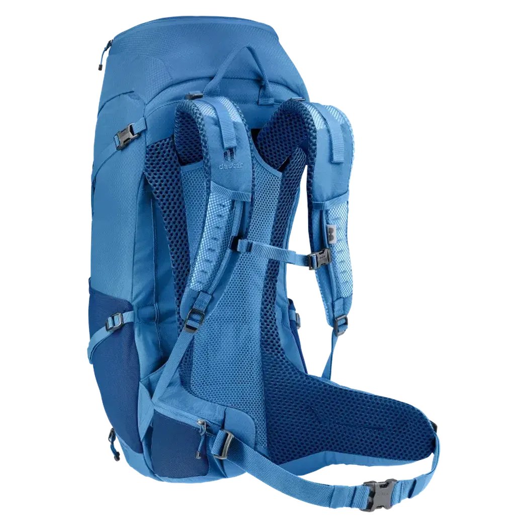 Side view of the Deuter Futura 32 backpack in Nightblue Baltic showing the padded mesh back panel and hip belt against a white background.