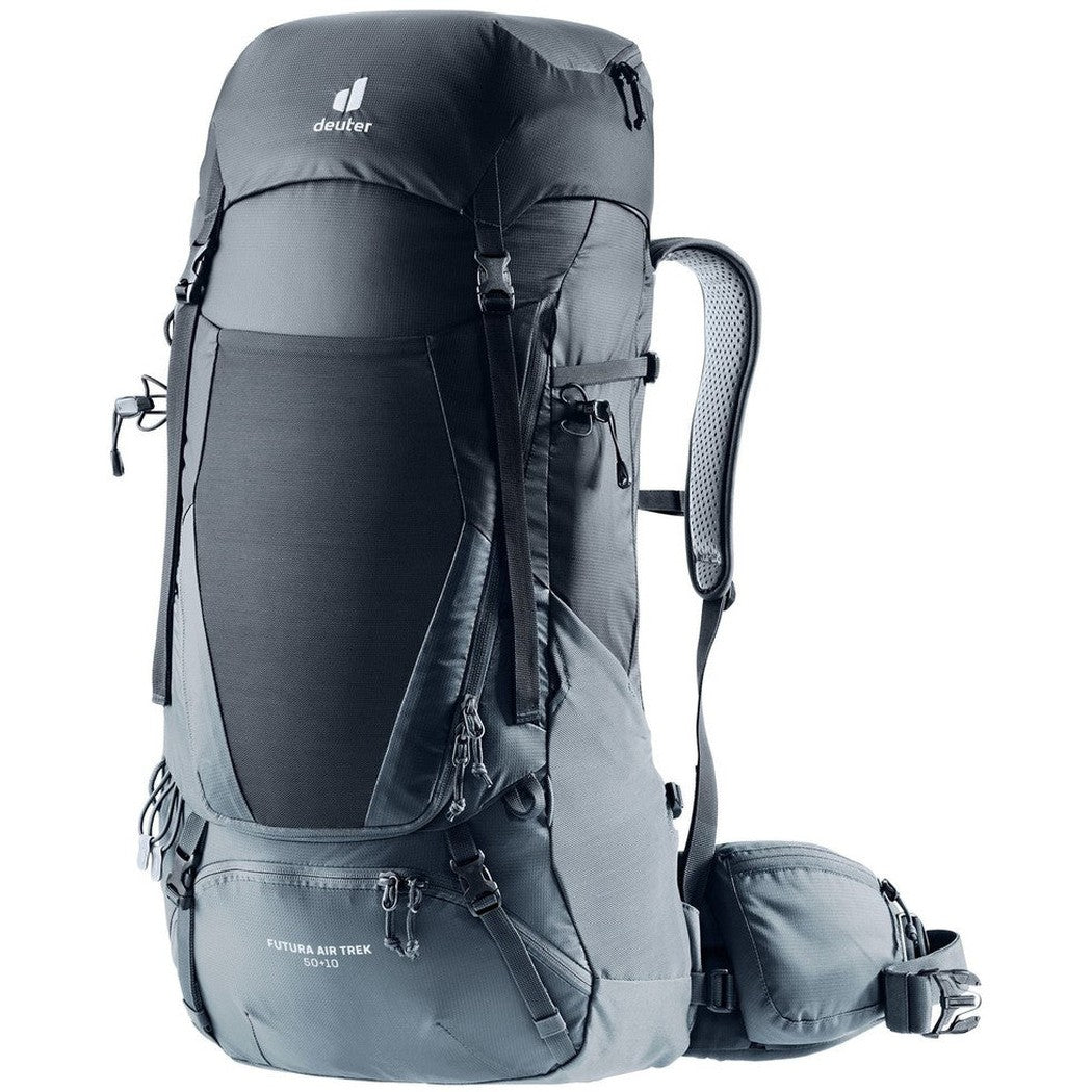 Side view of the Deuter Futura Air Trek 50 + 10 in Black Graphite showing the mesh back panel and hip belt against a white background.