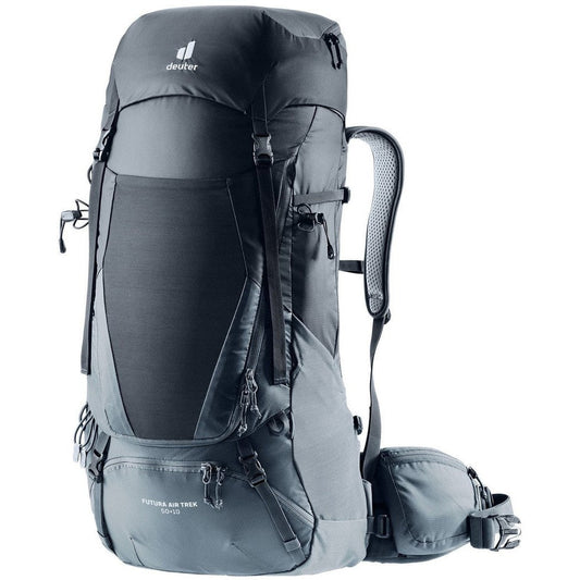 Side view of the Deuter Futura Air Trek 50 + 10 in Black Graphite showing the mesh back panel and hip belt against a white background.