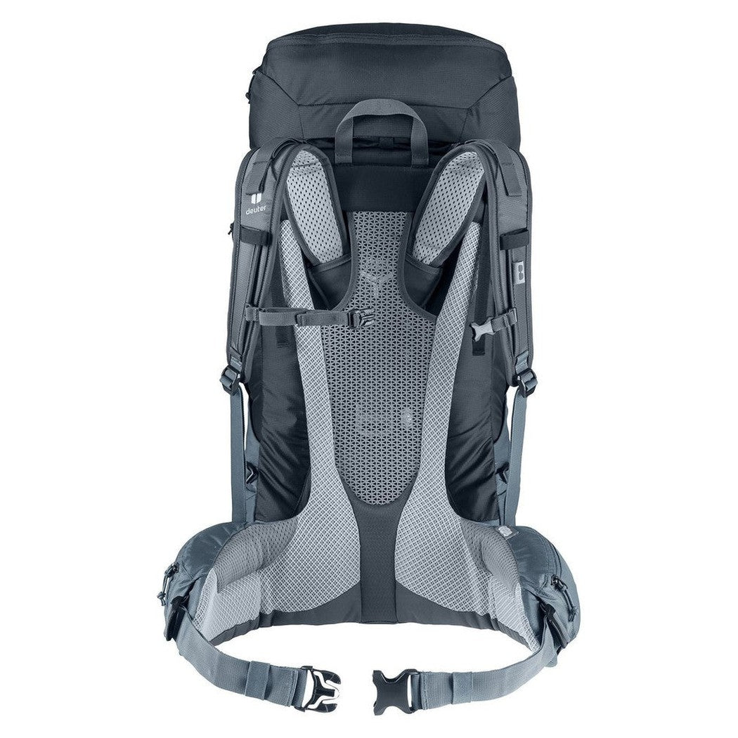 Back view of the Deuter Futura Air Trek 50 + 10 backpack in Black Graphite showing the padded mesh back panel and hip belt against a white background.