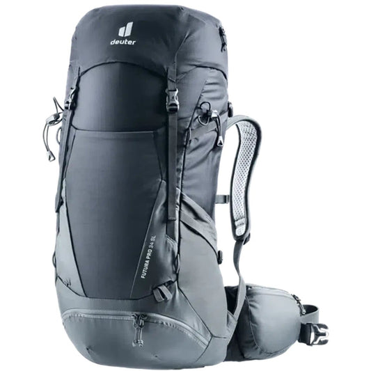 Side view of the Deuter Futura Pro 34 SL backpack in Black Graphite showing the front pocket and shoulder straps against a white background.