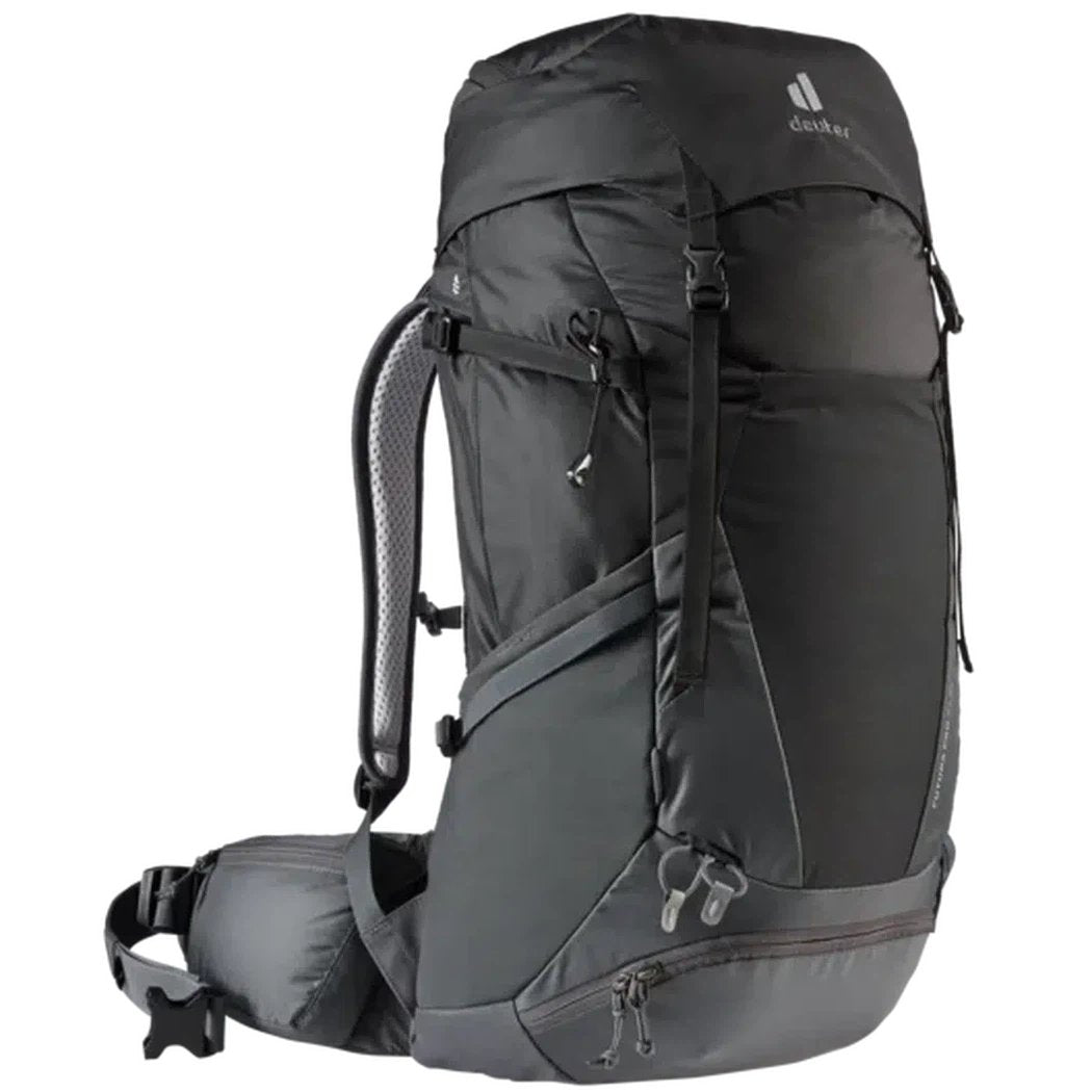Side view of the Deuter Futura Pro 34 SL in Black Graphite showing the mesh shoulder straps and zippered lower compartment against a white background.