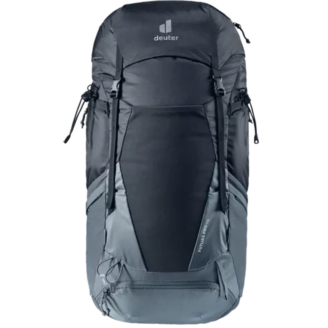 Back view of the Deuter Futura Pro 40 backpack in Black Graphite showing the front panel and shoulder straps against a white background.