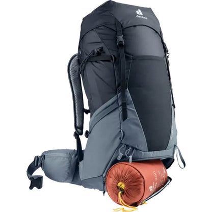 Side view of the Deuter Futura Pro 40 in Black Graphite showing the sleeping bag compartment and mesh back panel against a white background.