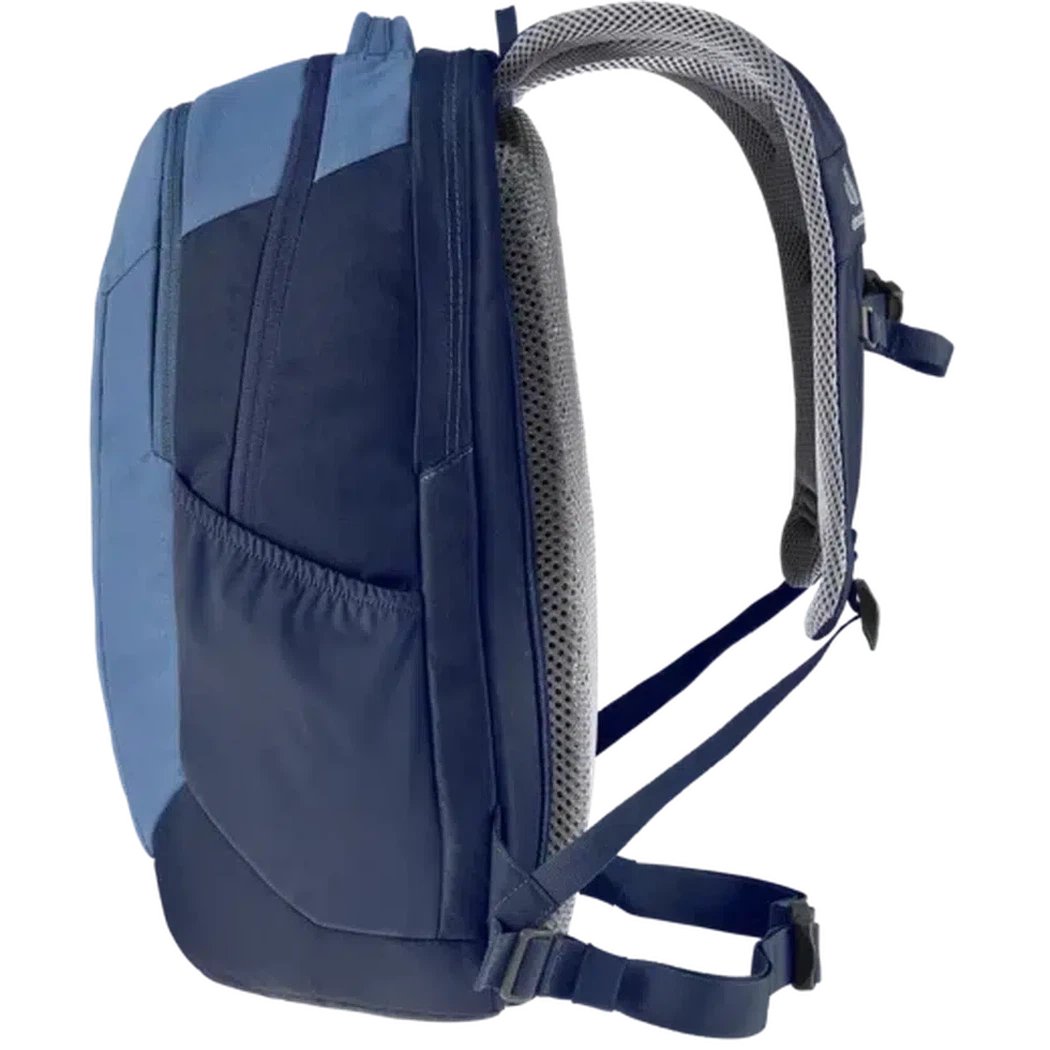 Side view of the Deuter Giga in Marine Ink showing the padded shoulder straps and mesh back panel against a white background.