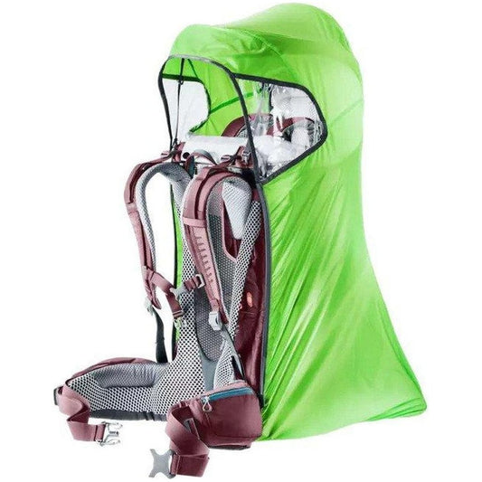 A front view of the Deuter KC Raincover Deluxe in Kiwi showing the hood and mesh back panel against a white background.