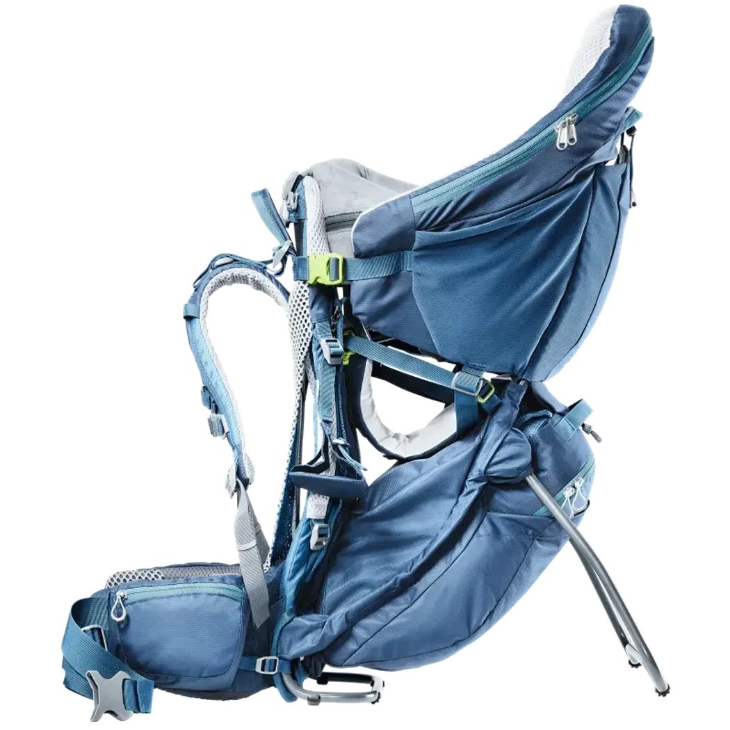 Side view of the Deuter Kid Comfort Pro in Midnight showing the child seat and adjustable straps against a white background.