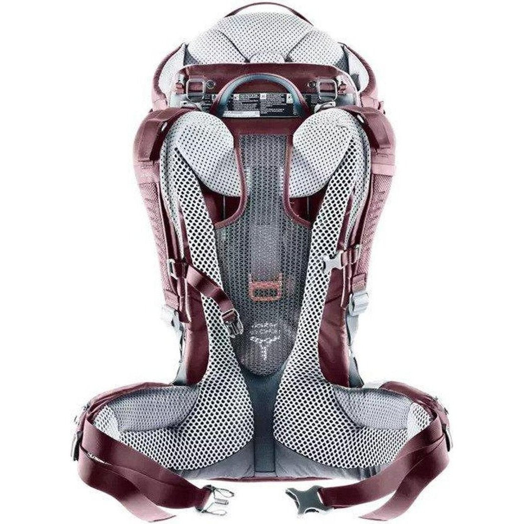 Back view of the Deuter Kid Comfort in Maroon showing the breathable mesh back panel and padded shoulder straps against a white background.