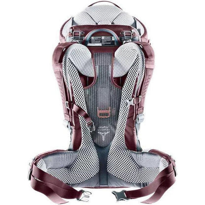 Back view of the Deuter Kid Comfort in Maroon showing the breathable mesh back panel and padded shoulder straps against a white background.
