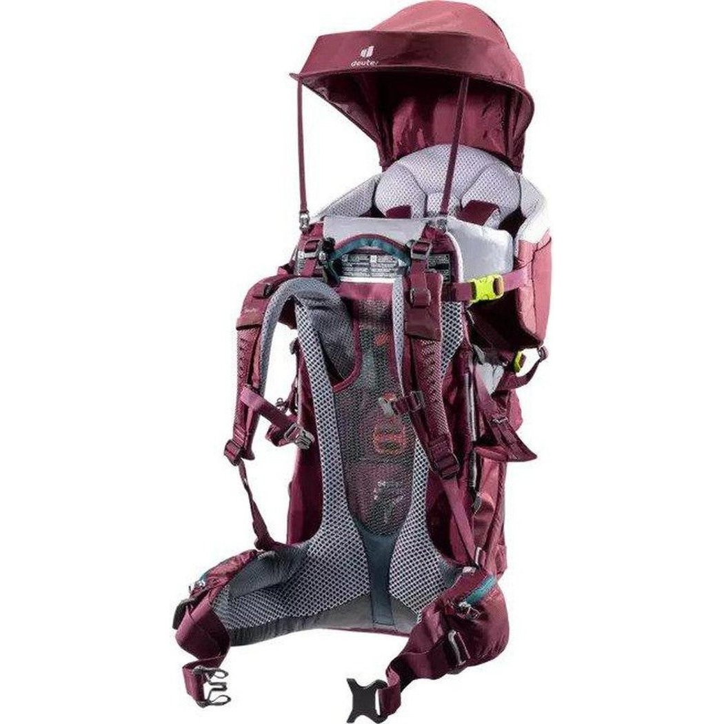 Back view of the Deuter Kid Comfort in Maroon showing the padded back panel and canopy against a white background.