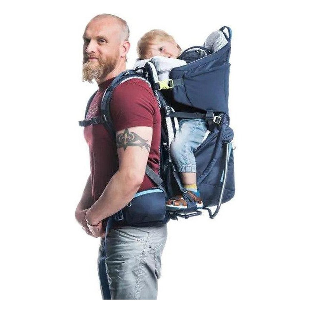 Side view of the Deuter Kid Comfort in Maroon showing the child carrier feature against a white background.