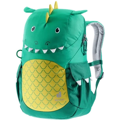 A front view of the Deuter Kikki daypack in Fern Alpine Green showing the dinosaur design and mesh shoulder straps against a white background.