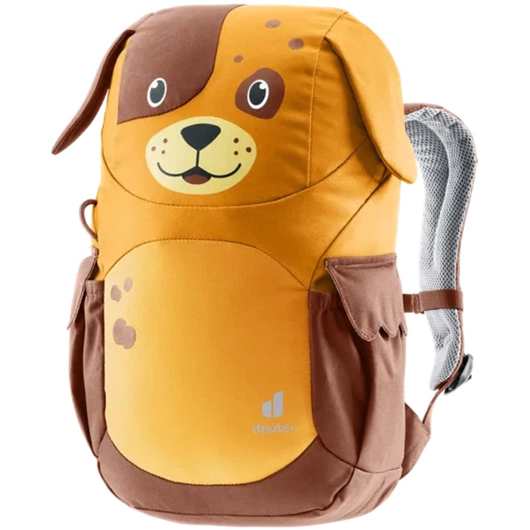 A front view of the Deuter Kikki daypack in Fern Alpine Green with a dog face design and mesh shoulder straps.
