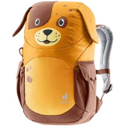 A front view of the Deuter Kikki daypack in Fern Alpine Green with a dog face design and mesh shoulder straps.