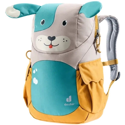 A front view of the Deuter Kikki daypack in Fern Alpine Green showing the dog face design and yellow accents against a white background.