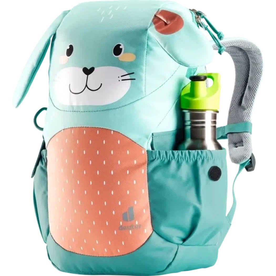 A front view of the Deuter Kikki Fern Alpine Green daypack with a water bottle in the side pocket against a white background.