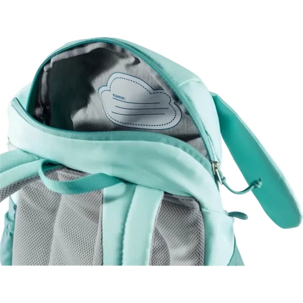 The Deuter Kikki Fern Alpine Green daypack shown from the top with its zippered opening and mesh back panel against a white background.