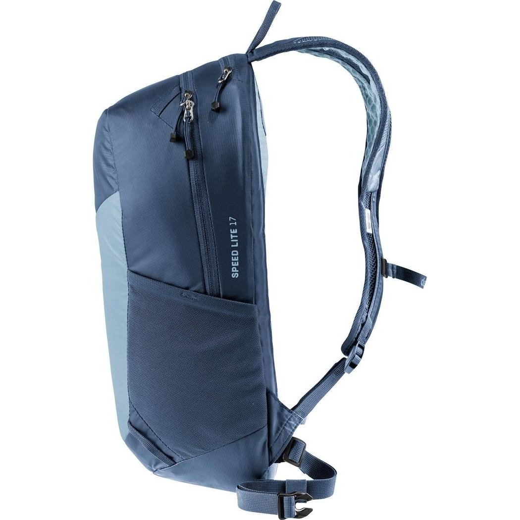 Side view of the Deuter Speed Lite 17 - Hydro in Atlantic Ink showing the front zip pocket and padded shoulder straps against a white background.
