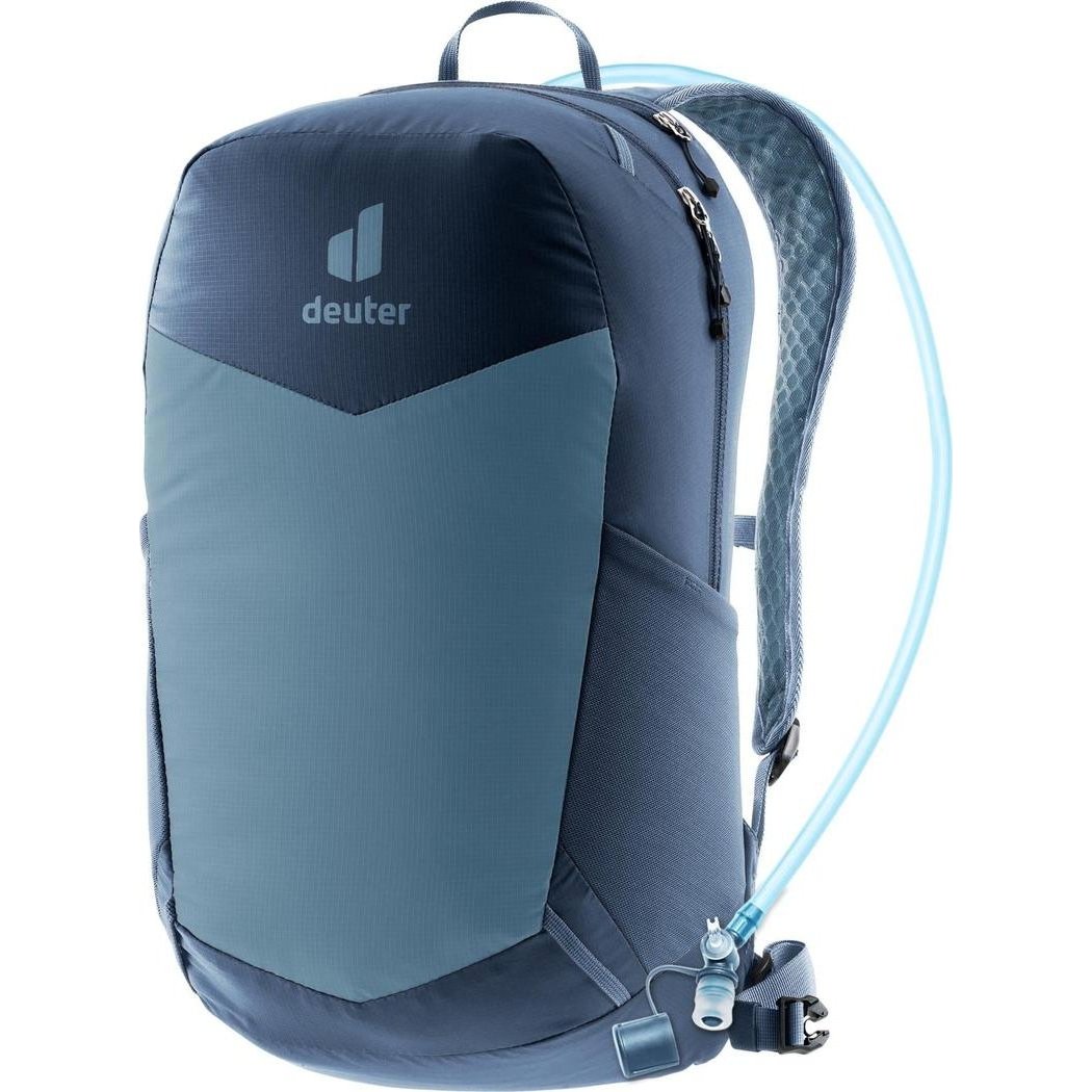 Side view of the Deuter Speed Lite 17 - Hydro backpack in Atlantic Ink showing the hydration tube and mesh back panel against a white background.