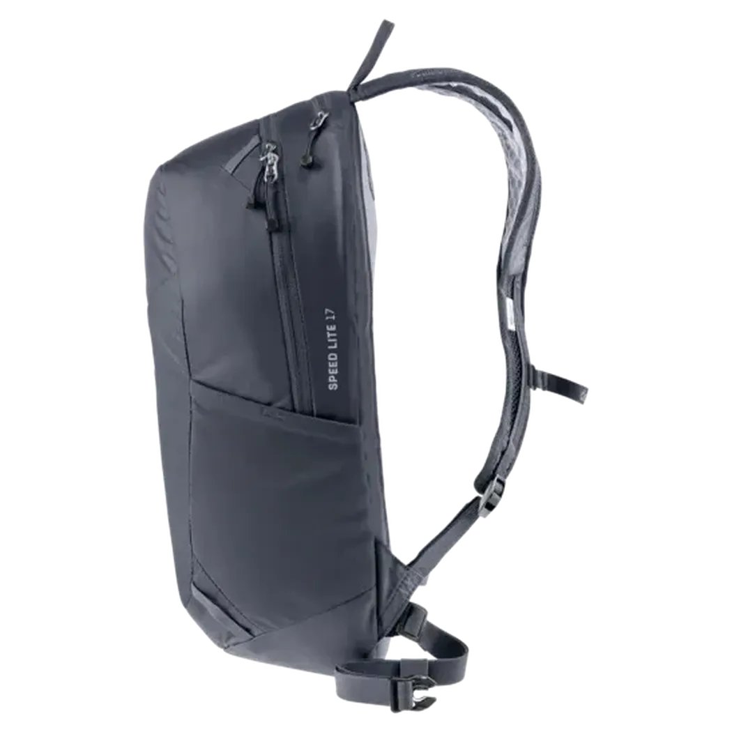 Side view of the Deuter Speed Lite 17 black daypack showing the front zip pocket and padded shoulder straps against a white background.