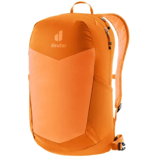 Side view of the Deuter Speed Lite 17 backpack in Black with a zippered pocket and padded shoulder straps.