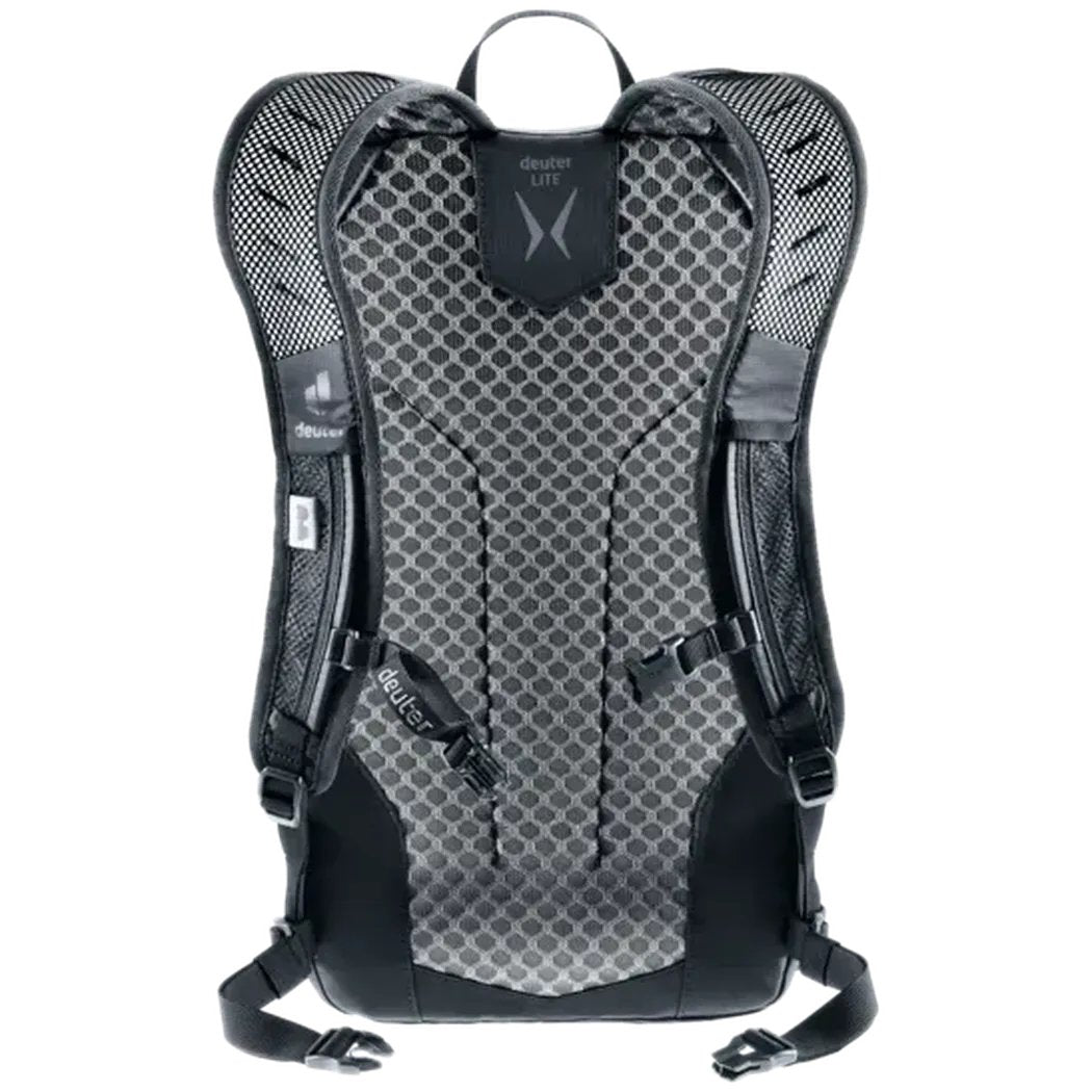 Back view of the Deuter Speed Lite 17 black backpack showing mesh shoulder straps and a padded back panel against a white background.