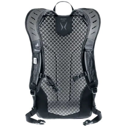 Back view of the Deuter Speed Lite 17 black backpack showing mesh shoulder straps and a padded back panel against a white background.