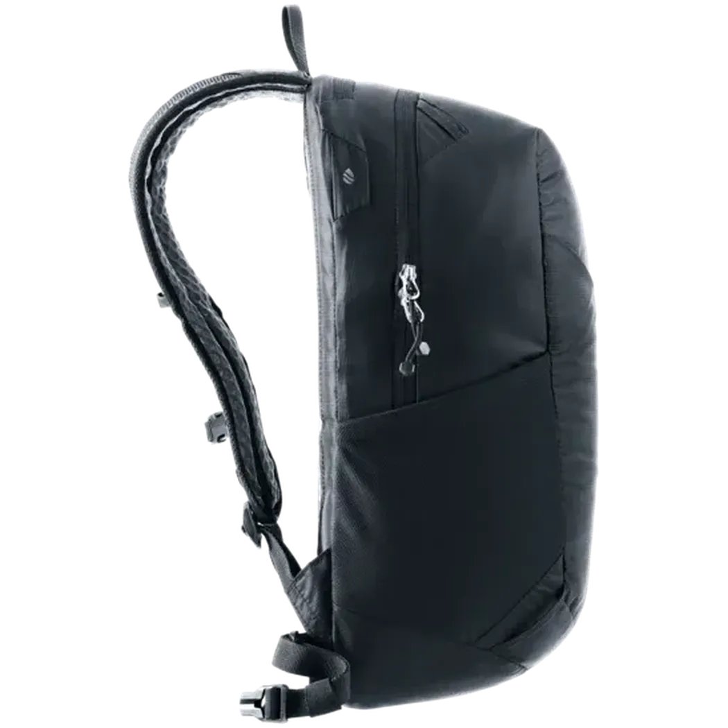 Side view of the Deuter Speed Lite 17 black daypack showing the front zip pocket and padded shoulder straps against a white background.