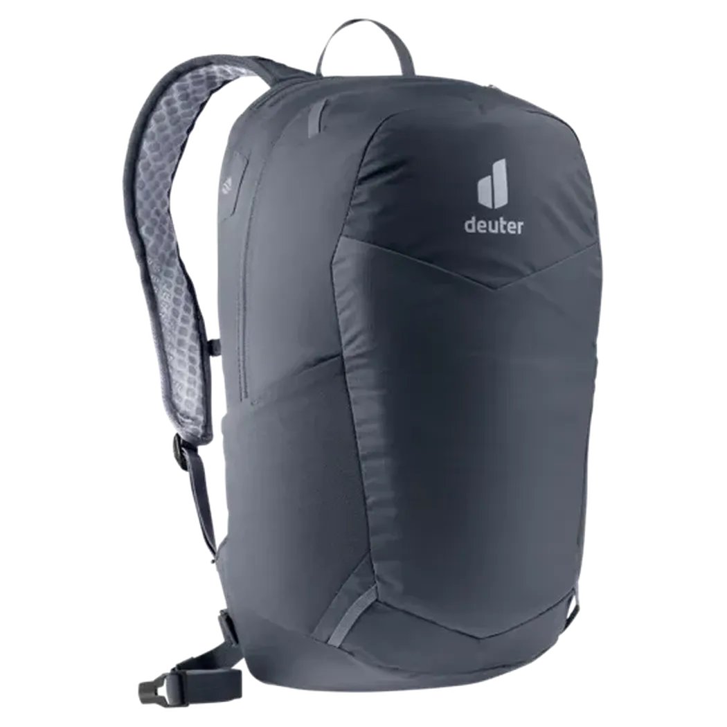 Side view of the Deuter Speed Lite 17 backpack in Black showing the padded shoulder straps against a white background.