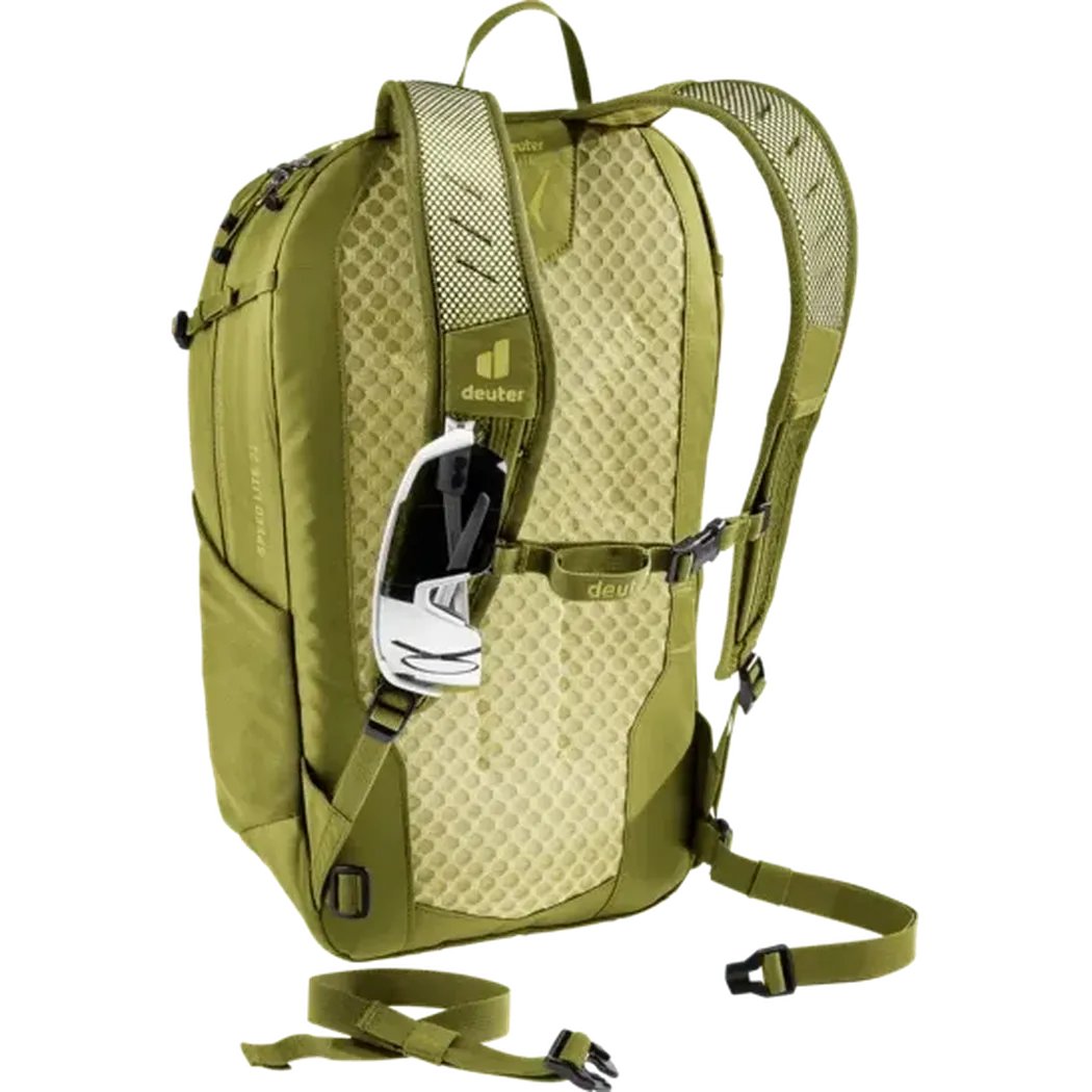 Back view of the Deuter Speed Lite 21 in Linden Cactus showing the padded back panel and a pair of sunglasses attached to the shoulder strap against a white background.