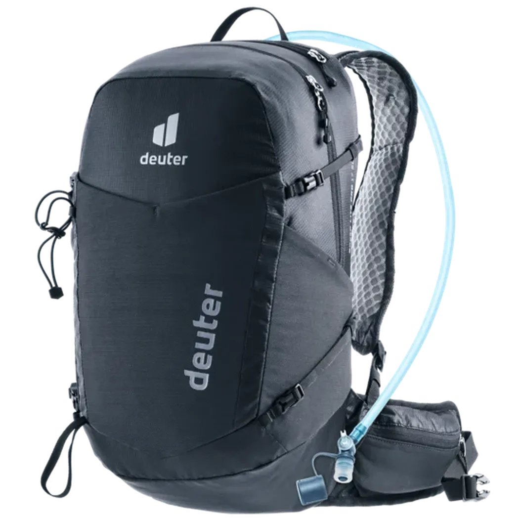 A front view of the Deuter Speed Lite Pro 17 SL - Hydro backpack in Black showing the hydration tube and mesh back panel against a white background.