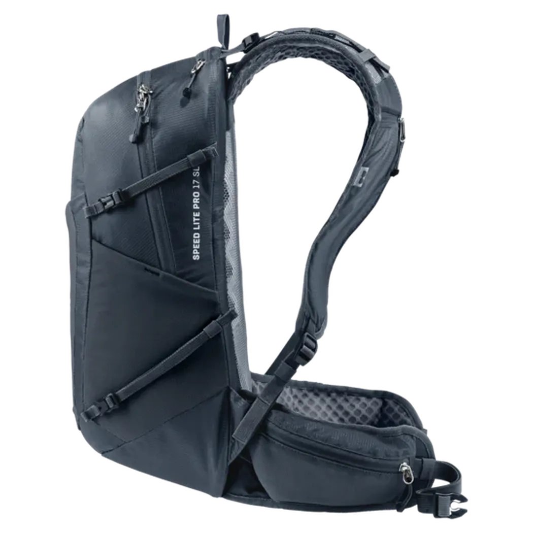 Side view of the Deuter Speed Lite Pro 17 SL - Hydro black backpack showing the padded shoulder straps and white background.