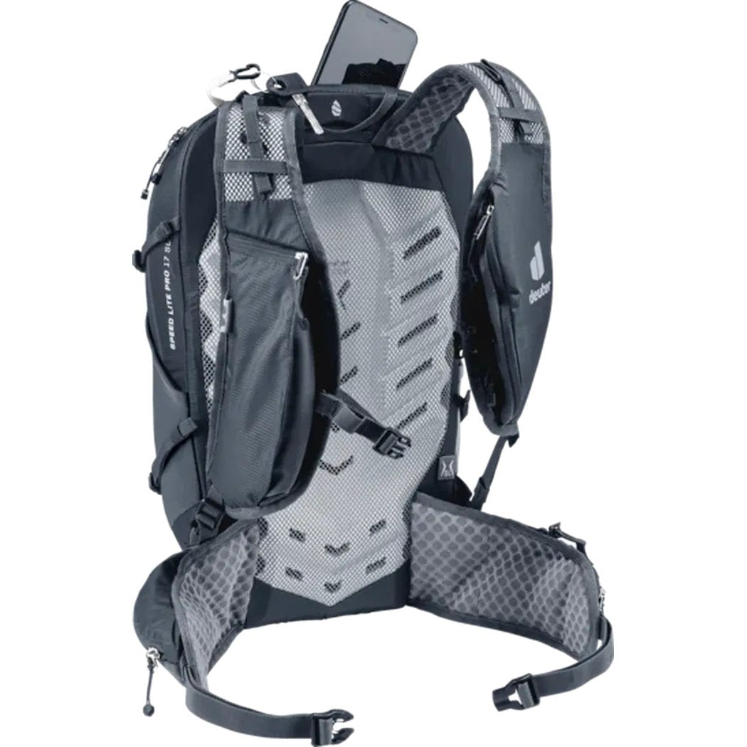 Back view of the Deuter Speed Lite Pro 17 SL - Hydro in Black showing the breathable mesh back panel and side pockets against a white background.