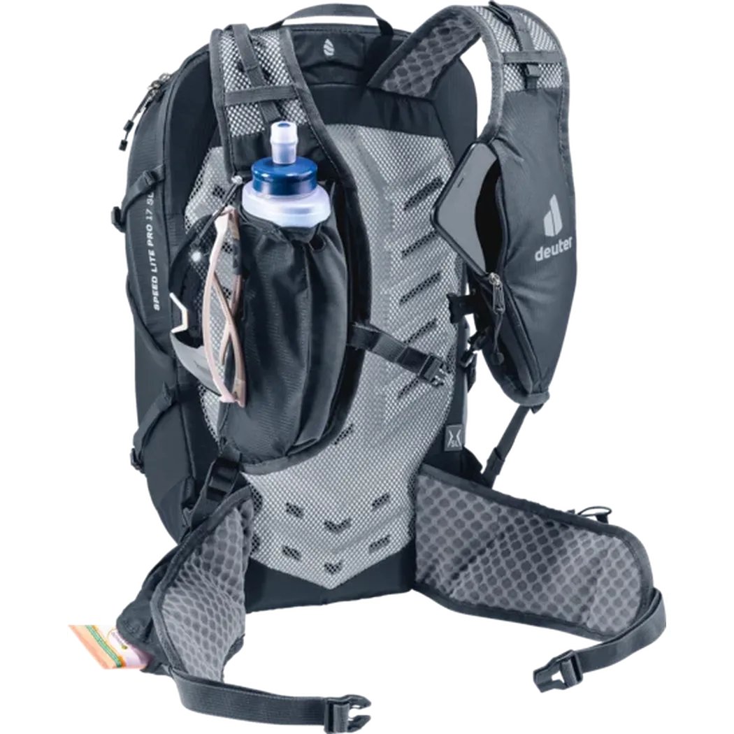 Back view of the Deuter Speed Lite Pro 17 SL - Hydro in Black showing the hydration pocket and padded straps against a white background.