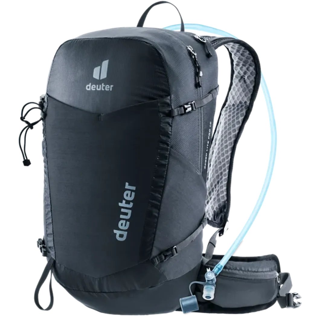 A front view of the Deuter Speed Lite Pro 19 - Hydro in Black showing the hydration tube and white background.