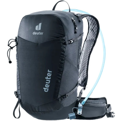 A front view of the Deuter Speed Lite Pro 19 - Hydro in Black showing the hydration tube and white background.