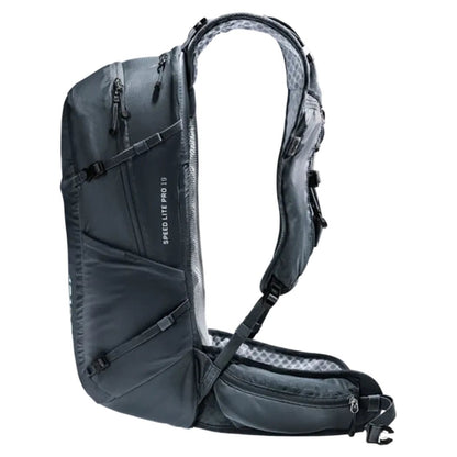 Side view of the Deuter Speed Lite Pro 19 - Hydro in Black showing the shoulder straps and side pockets against a white background.