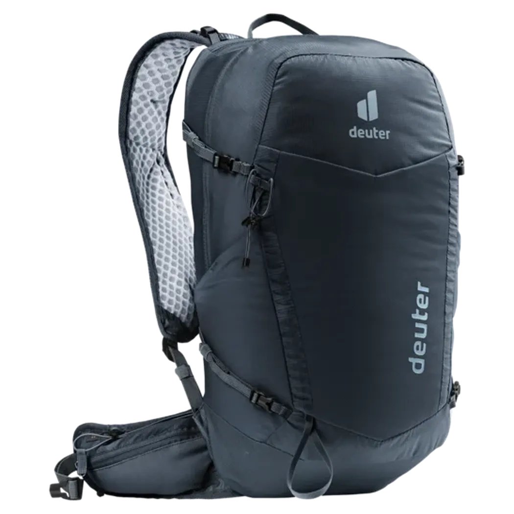 Side view of the Deuter Speed Lite Pro 19 - Hydro in Black showing the breathable mesh back panel and hydration pocket against a white background.