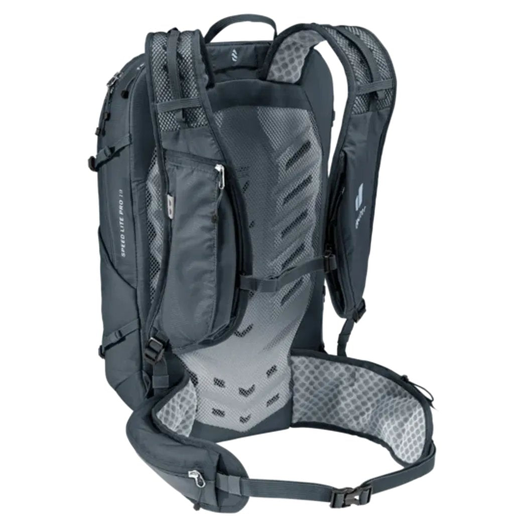 Back view of the Deuter Speed Lite Pro 19 - Hydro in Black showing the padded back panel and hip belt against a white background.