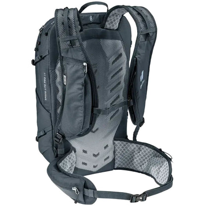 Back view of the Deuter Speed Lite Pro 19 black backpack showing the padded back panel and hip belt against a white background.