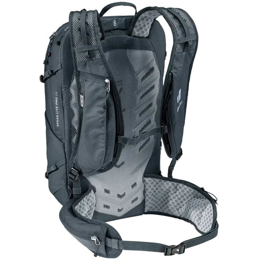 Back view of the Deuter Speed Lite Pro 19 black backpack showing the padded back panel and hip belt against a white background.