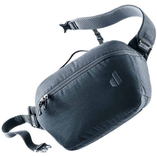 A black Deuter Stroof 8 bag shown from a side angle with a gray shoulder strap and a front zipper pocket against a white background.