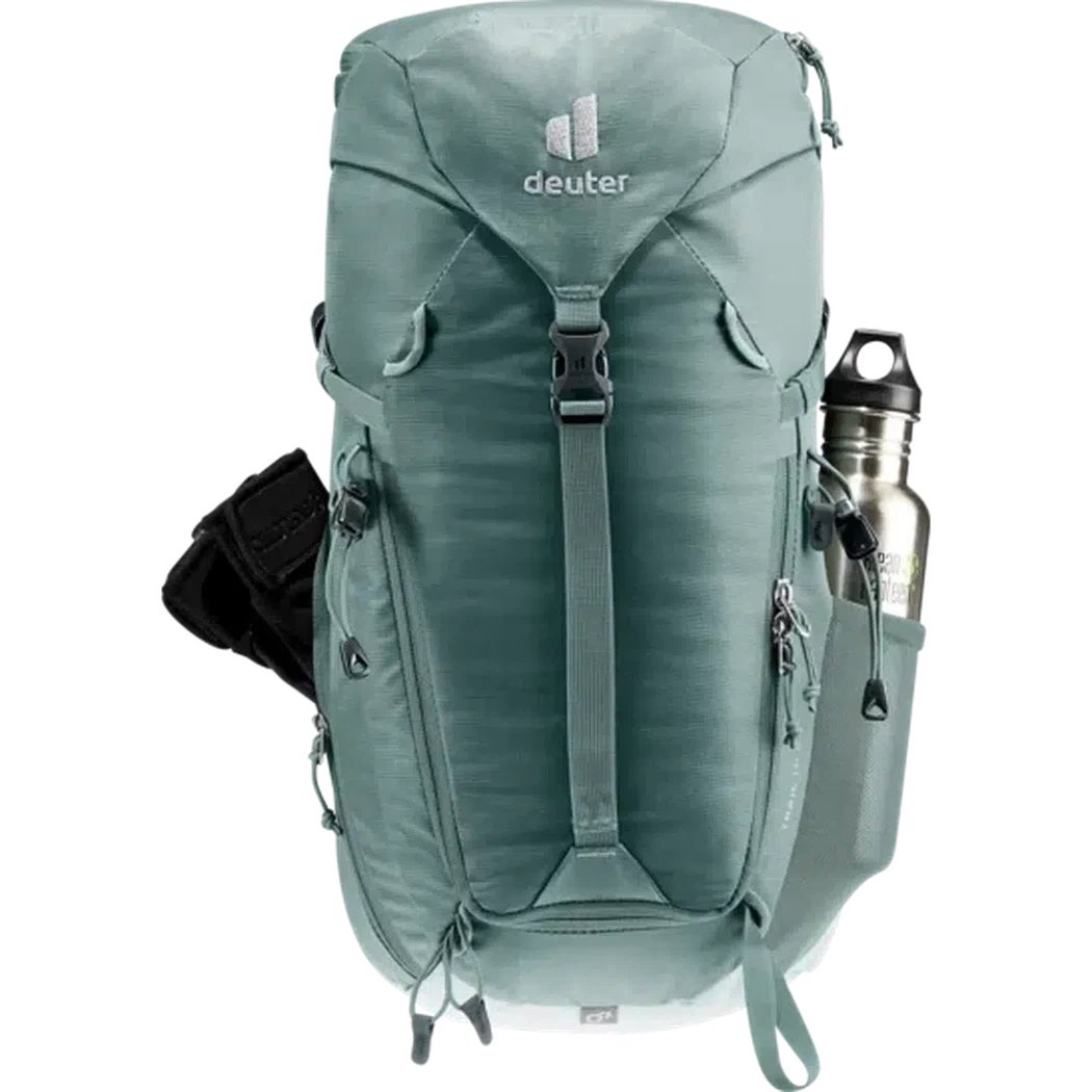 A front view of the Deuter Trail 16 SL backpack in Teal Tin with a water bottle and black accessory pocket visible.
