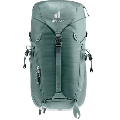 Back view of the Deuter Trail 16 SL backpack in Teal Tin showing the front compression strap and zippered pockets against a white background.