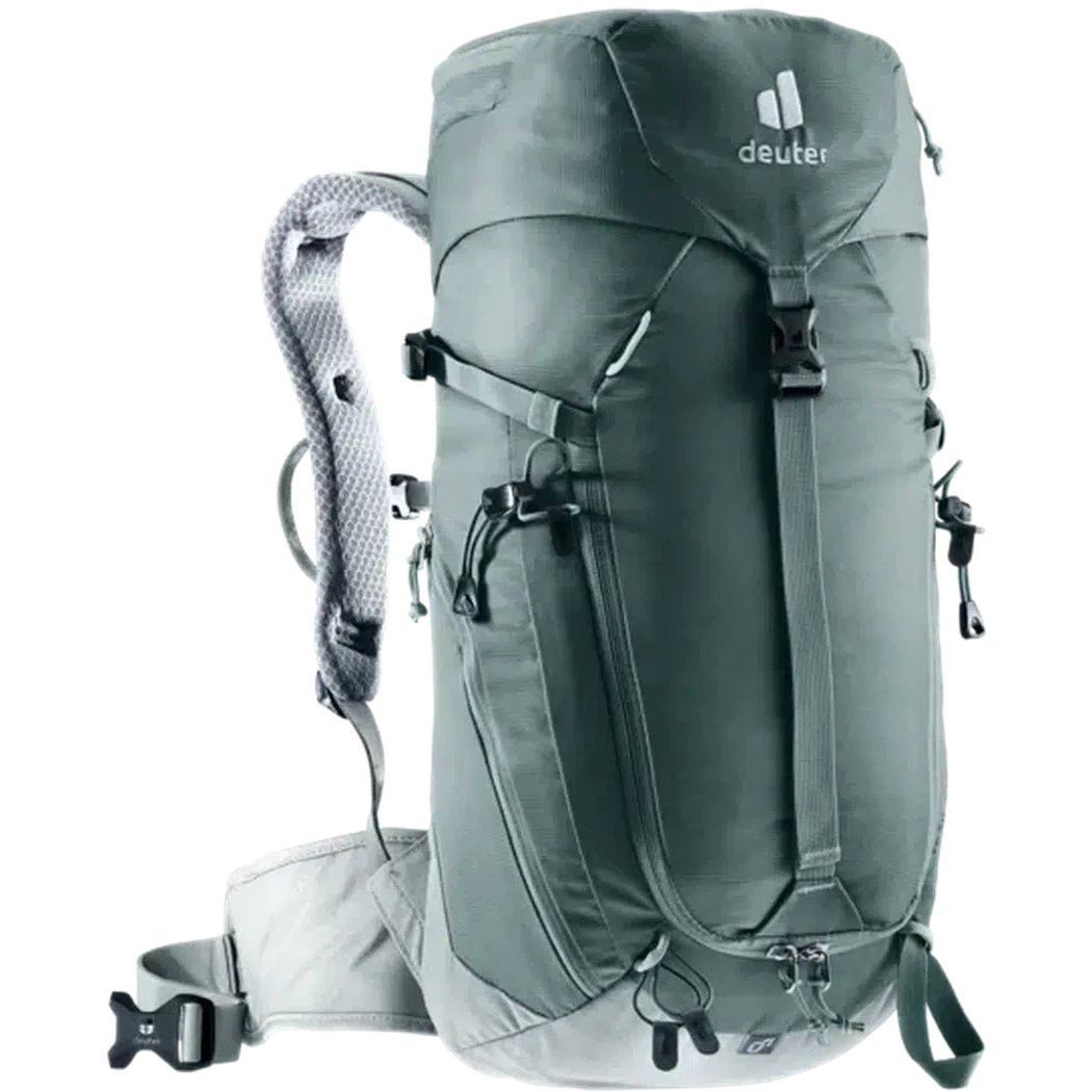 Side view of the Deuter Trail 16 SL backpack in Teal Tin showing the shoulder straps and front pockets against a white background.