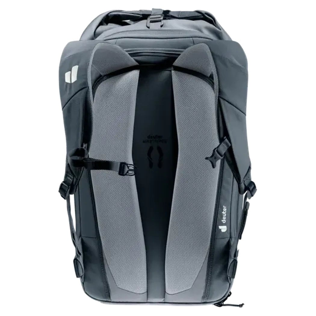 Back view of the Deuter Utilion 30 backpack in Black showing the padded shoulder straps and brand logo against a white background.