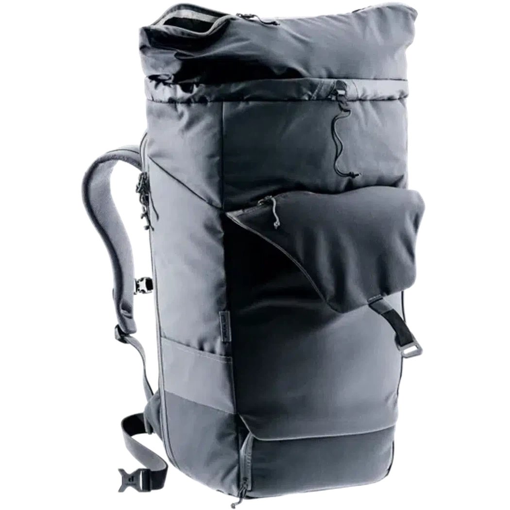 Side view of the Deuter Utilion 34+5 black backpack showing the front pocket and shoulder straps against a white background.